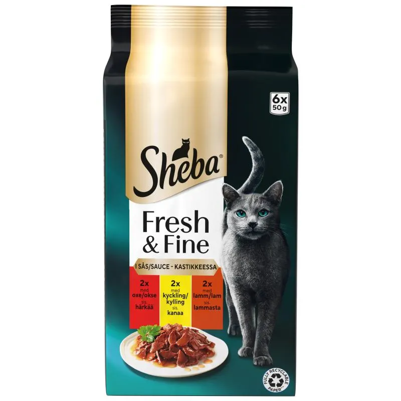 Kissanruoka Sheba 6 x 50 g Fresh & Fine härkää, kanaa ja lammasta kastikkeessa