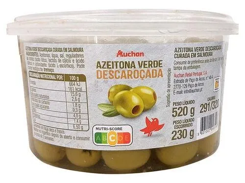 azeitona verde auchan sem caroço taça 520(230)g