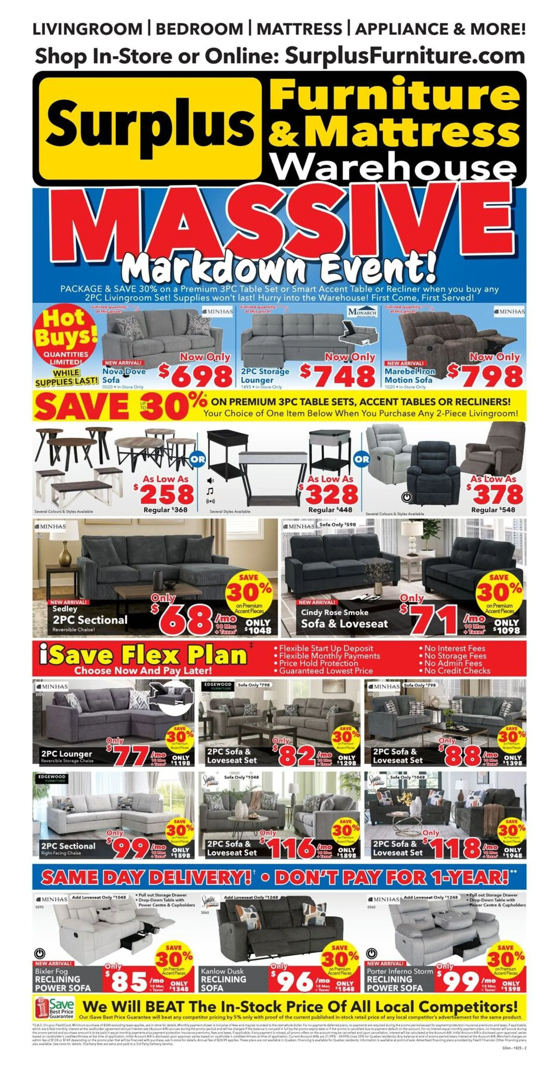 Surplus Furniture and Mattress Warehouse Sales from October 22 to October 28 2025 - flyer page 1