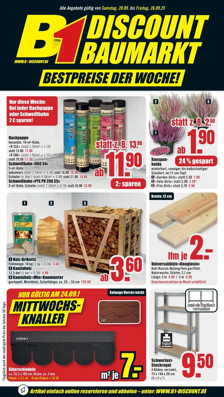 B1 Discount Baumarkt Prospekte von 20. September bis 26. September 2025 - Prospekt seite 1