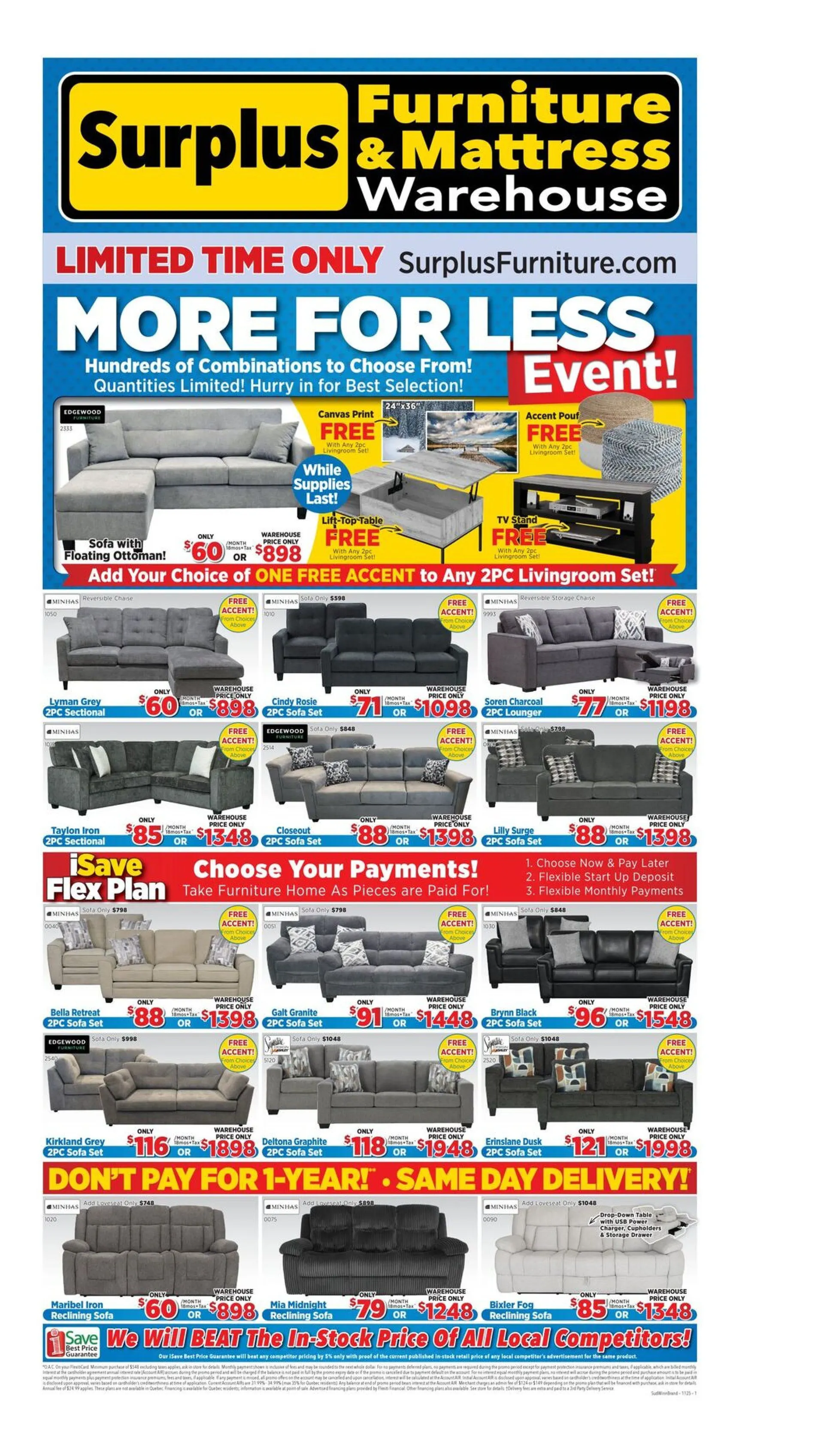 Surplus Furniture and Mattress Warehouse Sales from October 27 to November 15 2025 - flyer page 1