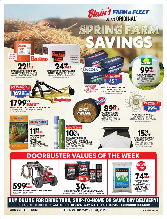 Weekly promotion Blain's Farm & Fleet Sales spanning from May 21 to May 31 2026 - Page 1 for Catalogue 365