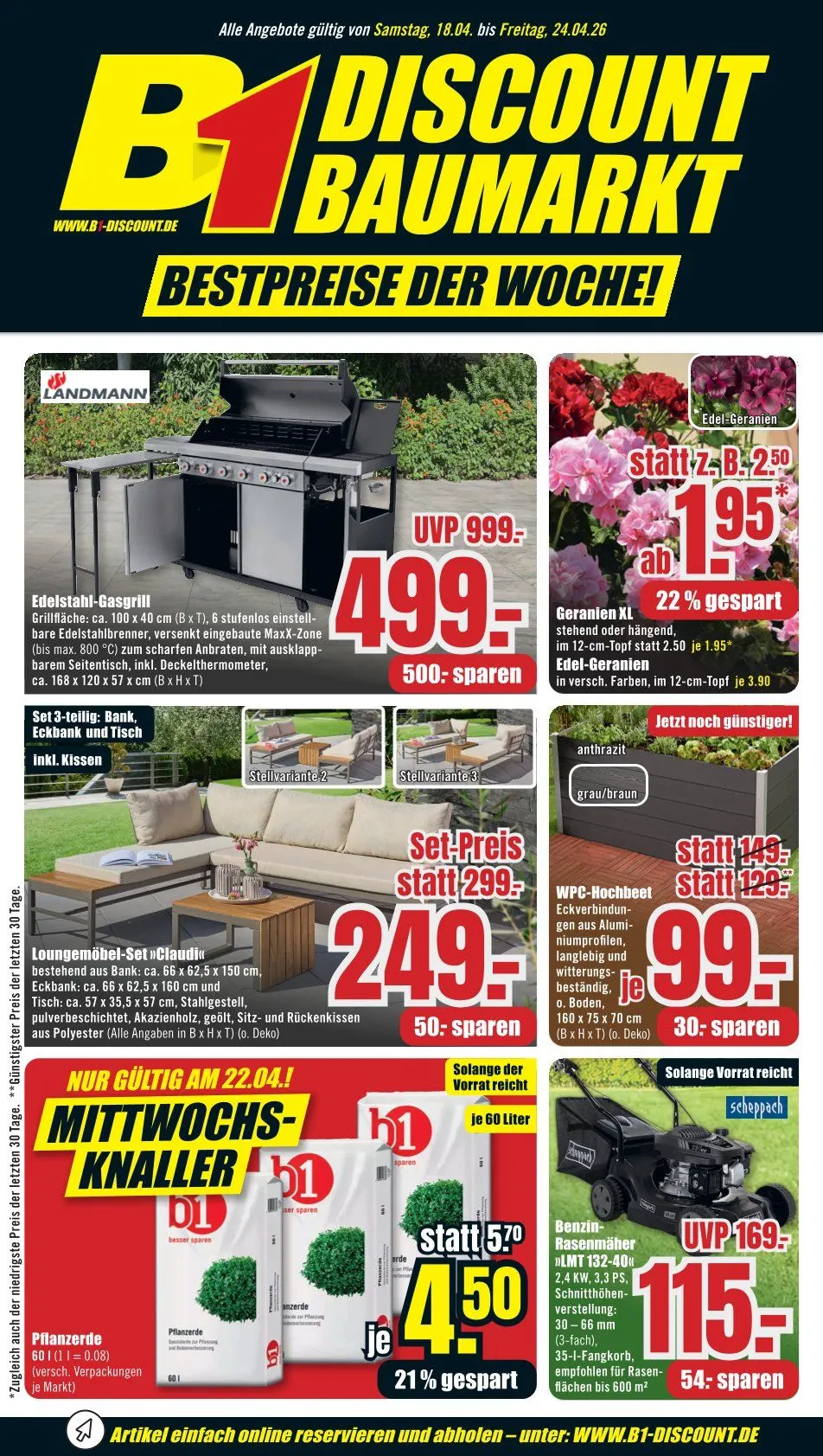 B1 Discount Baumarkt Angebote von 18. April bis 24. April 2026 - Prospekt seite 1