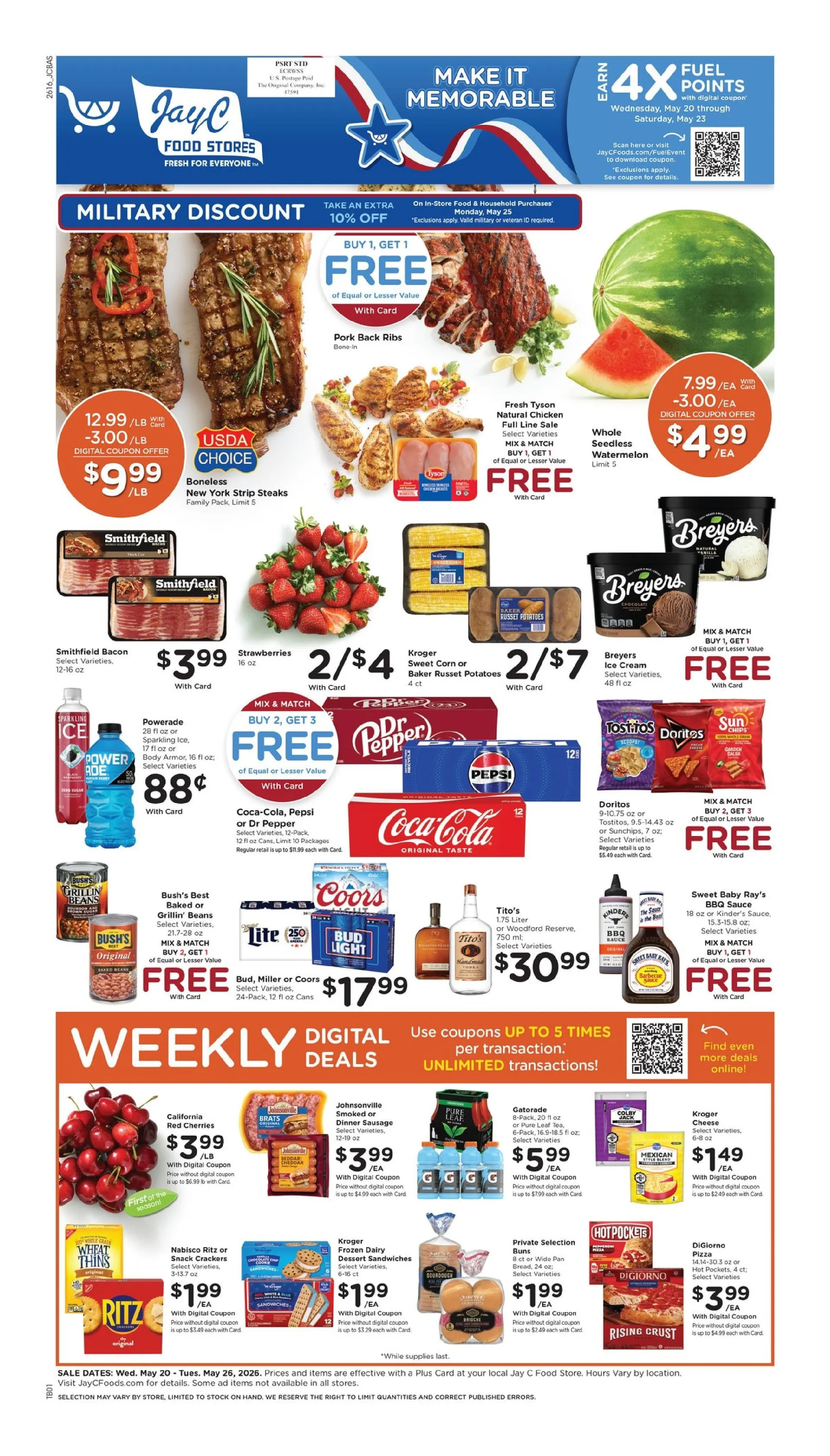 Weekly promotion Jay C Food Stores Sales spanning from May 20 to May 25 2026 - Page 1 for Catalogue 365
