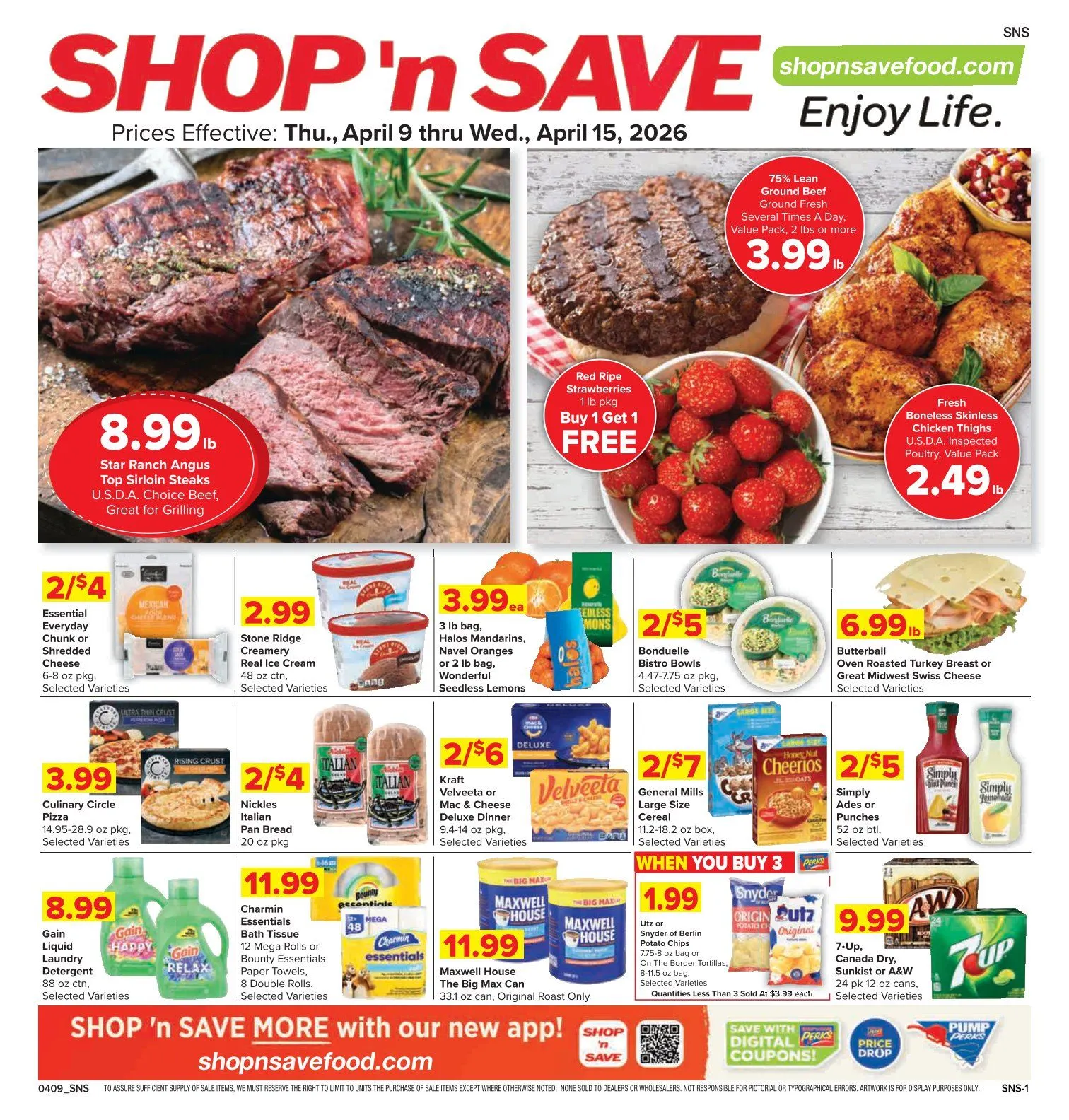 Weekly promotion Shop'n Save Sales spanning from April 9 to April 15 2026 - Page 1 for Catalogue 365