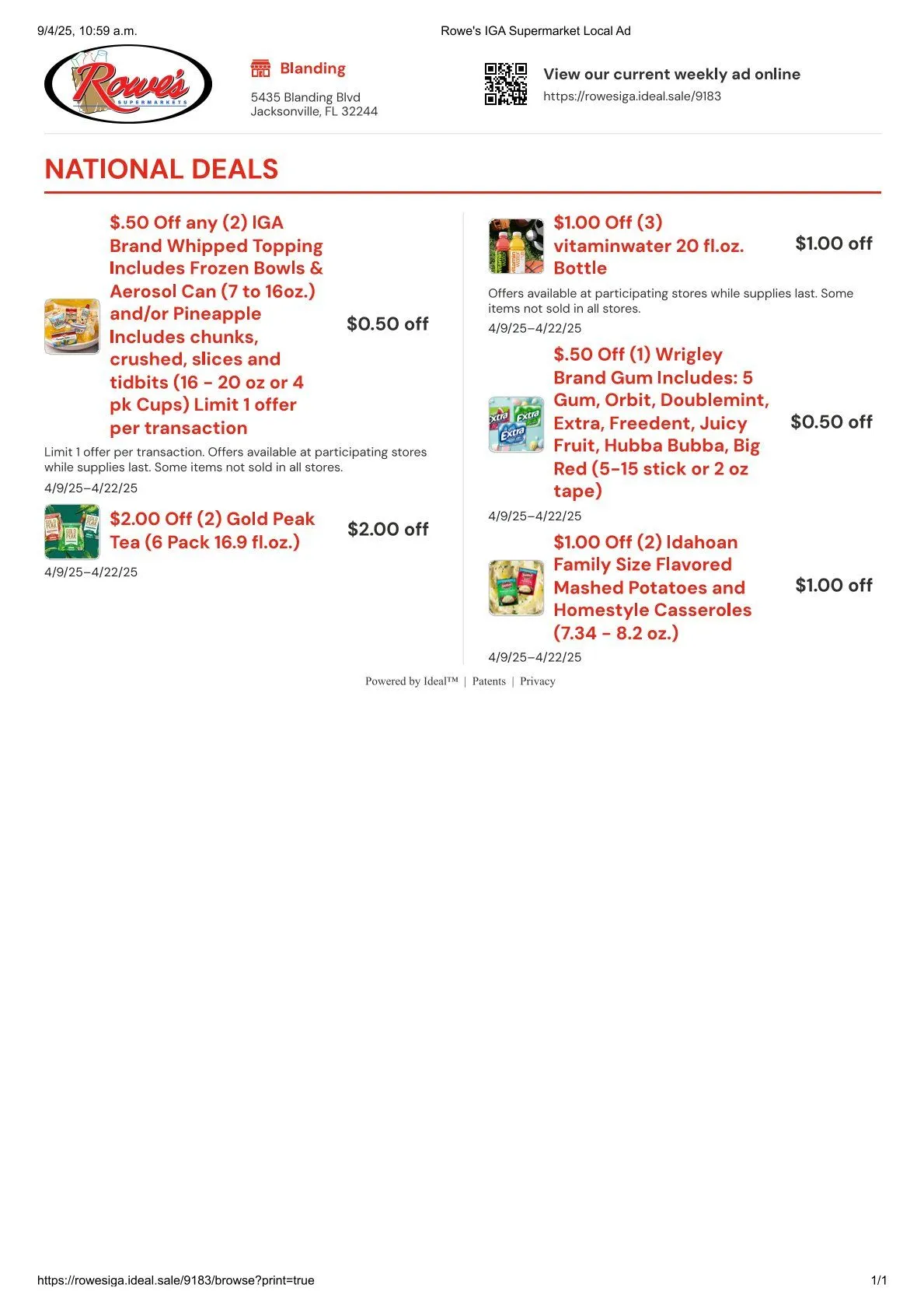 Weekly ad Rowe's IGA Supermarkets Deals from April 9 to April 22 2025 - Page 1