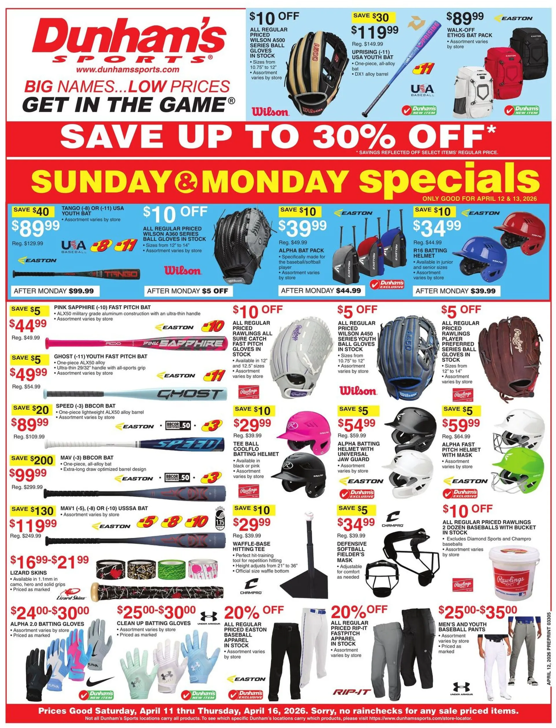 Weekly promotion  Dunham's Sports Sales spanning from April 11 to April 16 2026 - Page 1 for Catalogue 365