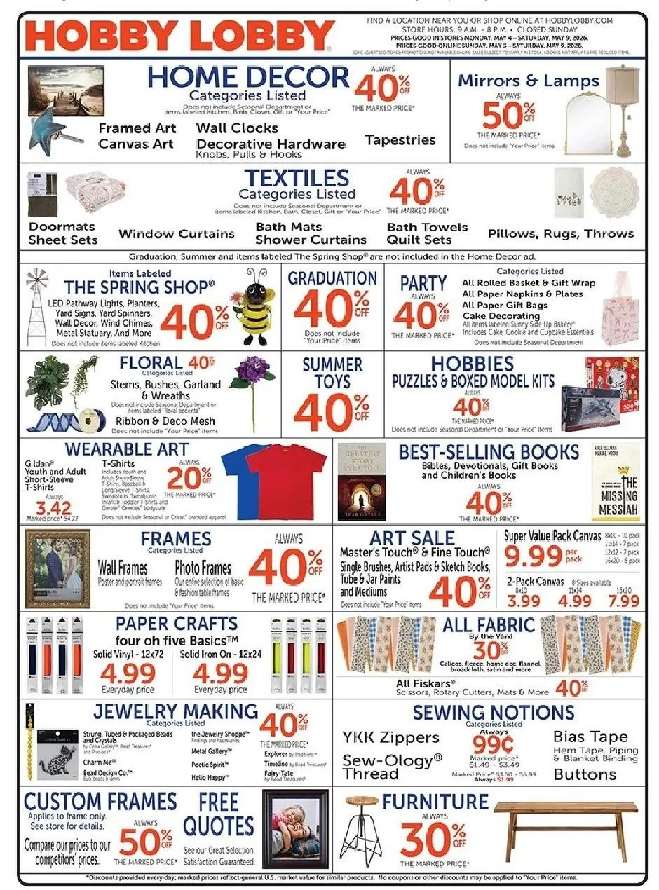 Weekly promotion Hobby Lobby Sales spanning from May 4 to May 9 2026 - Page 1 for Catalogue 365
