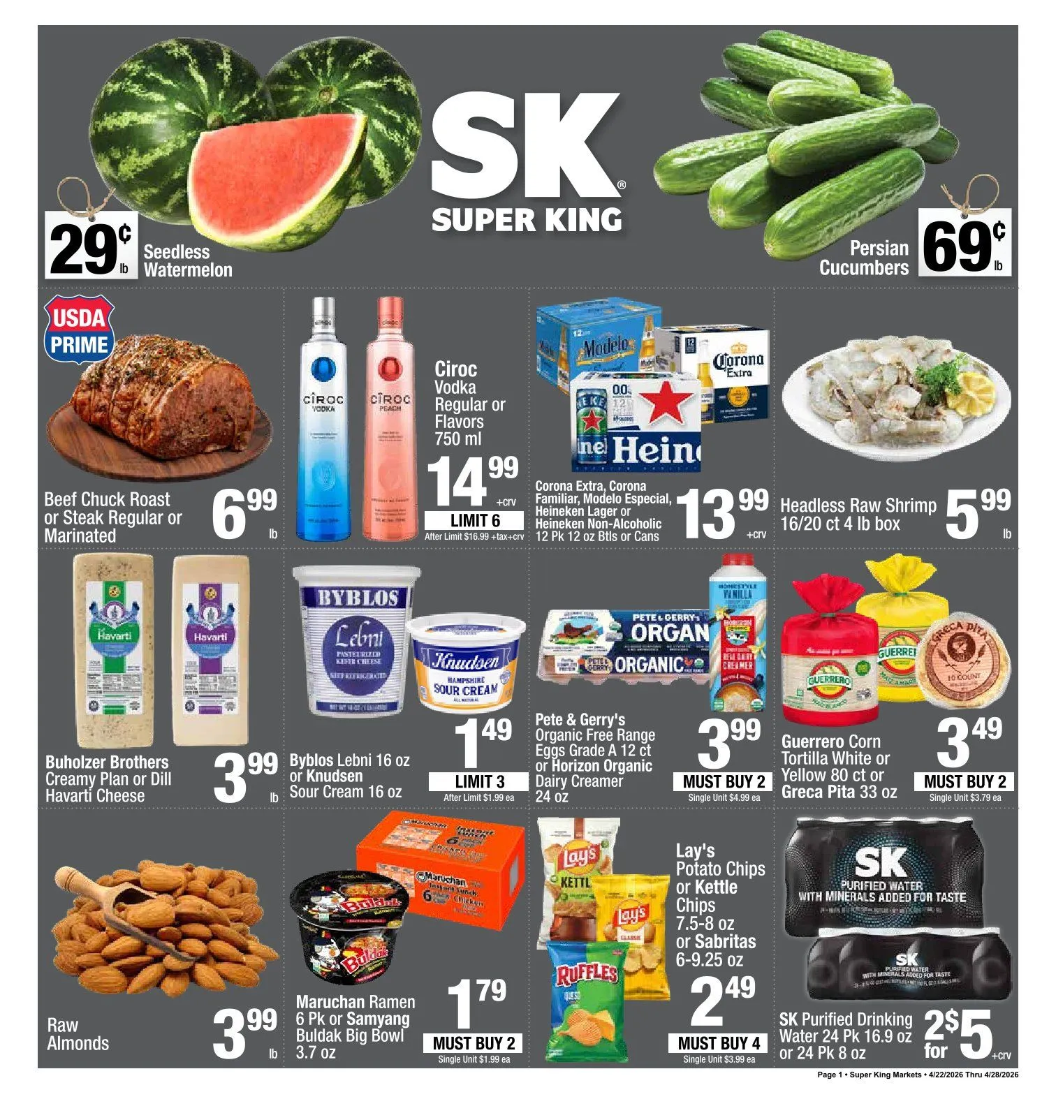 Weekly promotion Super King Markets Sales spanning from April 22 to April 28 2026 - Page 1 for Catalogue 365