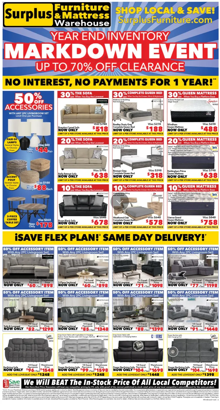Surplus Furniture and Mattress Warehouse Sales from December 1 to December 21 2025 - flyer page 