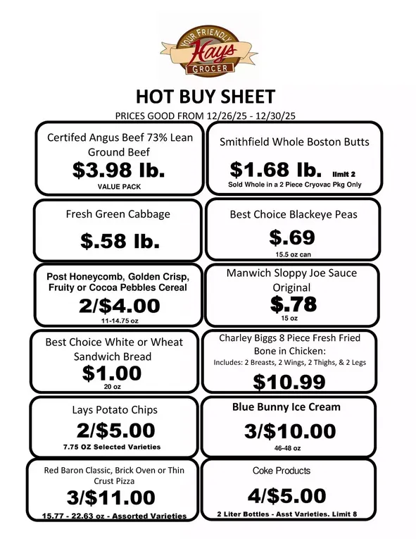 Weekly ad Hays Supermarket Sales from December 26 to December 30 2025 - Page 1
