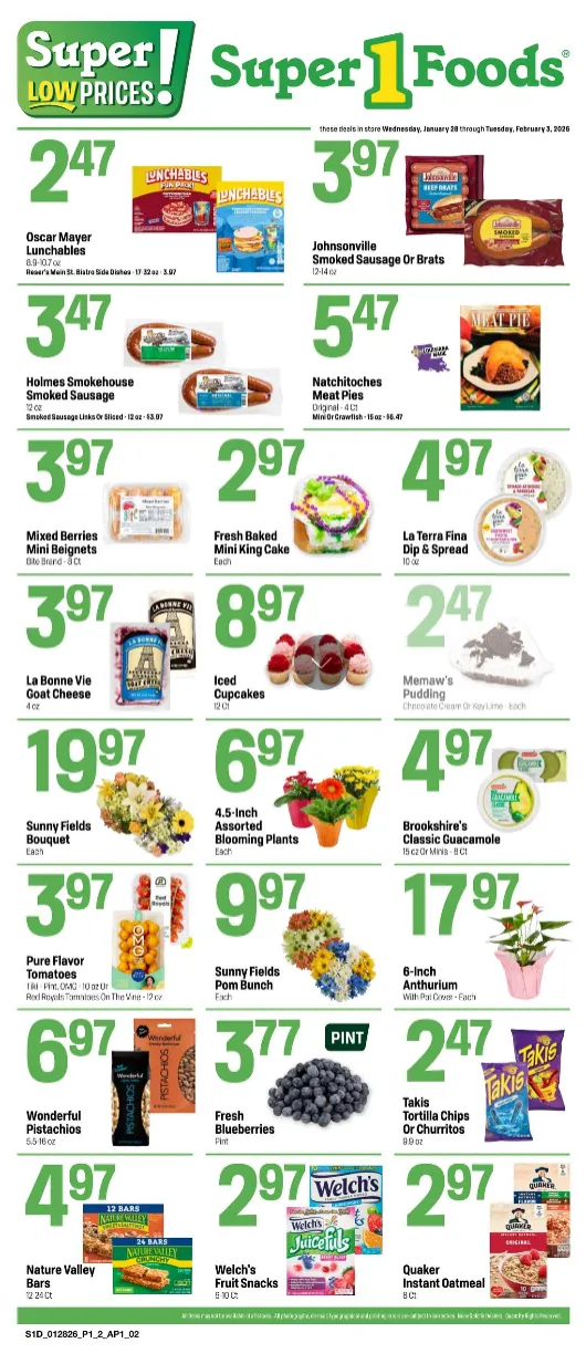 Weekly promotion Super 1 Foods Sales spanning from January 28 to February 3 2026 - Page for Catalogue 365