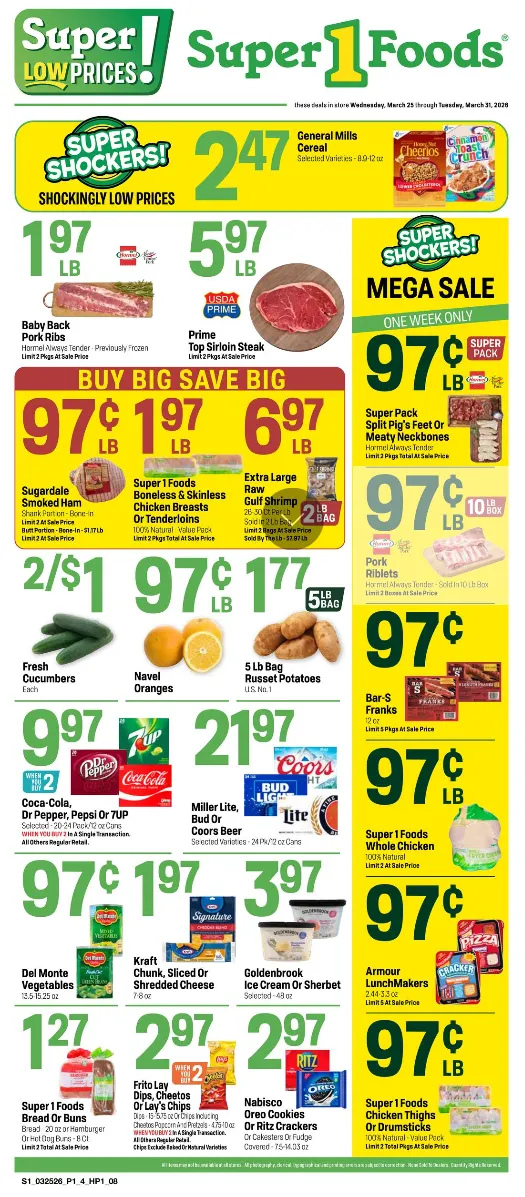 Weekly promotion Super 1 Foods Sales spanning from March 25 to March 31 2026 - Page 1 for Catalogue 365