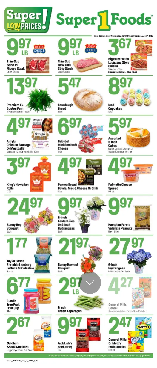 Weekly promotion  Super 1 Foods Sales spanning from April 1 to April 7 2026 - Page 1 for Catalogue 365