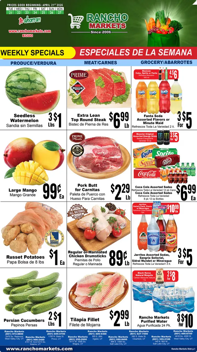 Weekly promotion Rancho Markets Sales spanning from April 21 to April 27 2026 - Page 1 for Catalogue 365