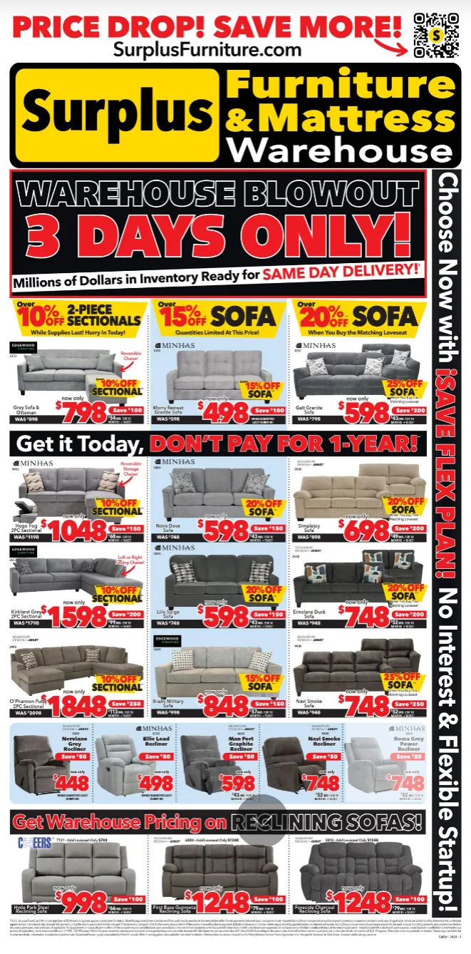 Surplus Furniture and Mattress Warehouse Sales from April 20 to April 26 2026 - flyer page 1