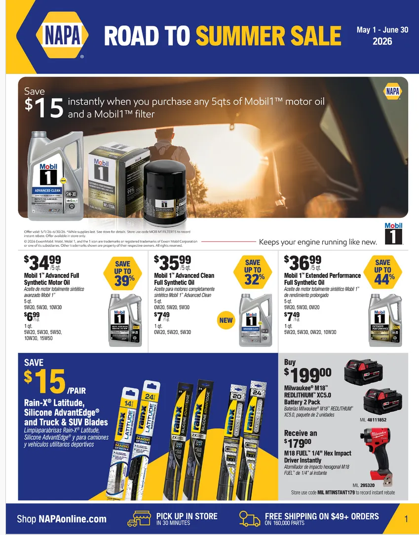 NAPA Auto Parts Sales from May 1 to June 30 2026 - flyer page 1