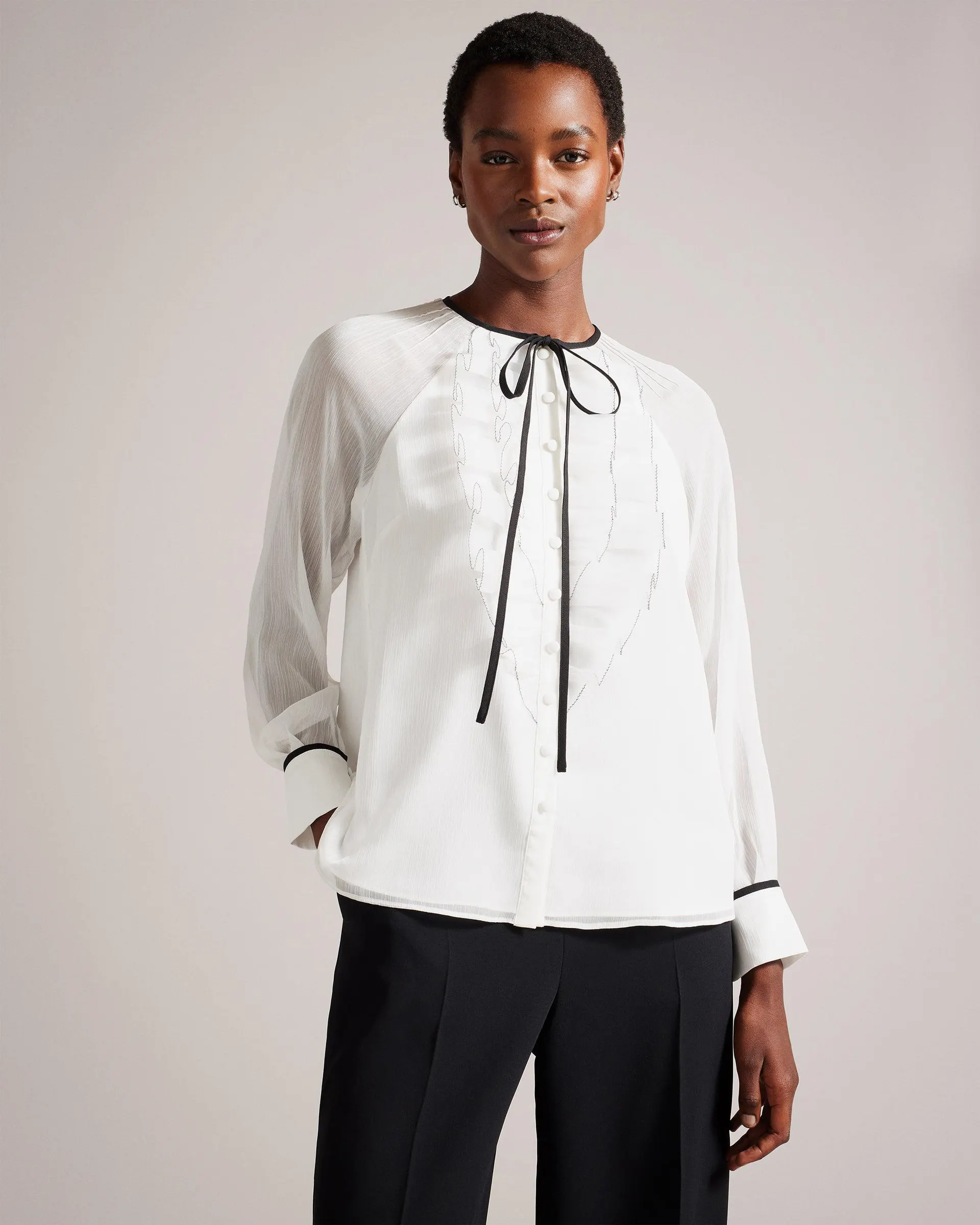 Keleih Ruffle Front Blouse With Contrast Tie White