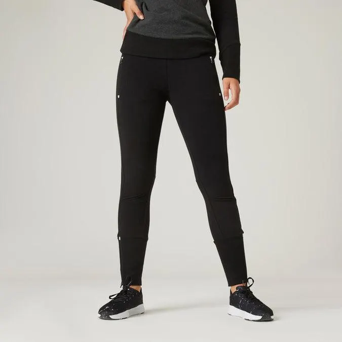 Women's Slim-Fit Fitness Jogging Bottoms with Ankle Zips 520 - Black