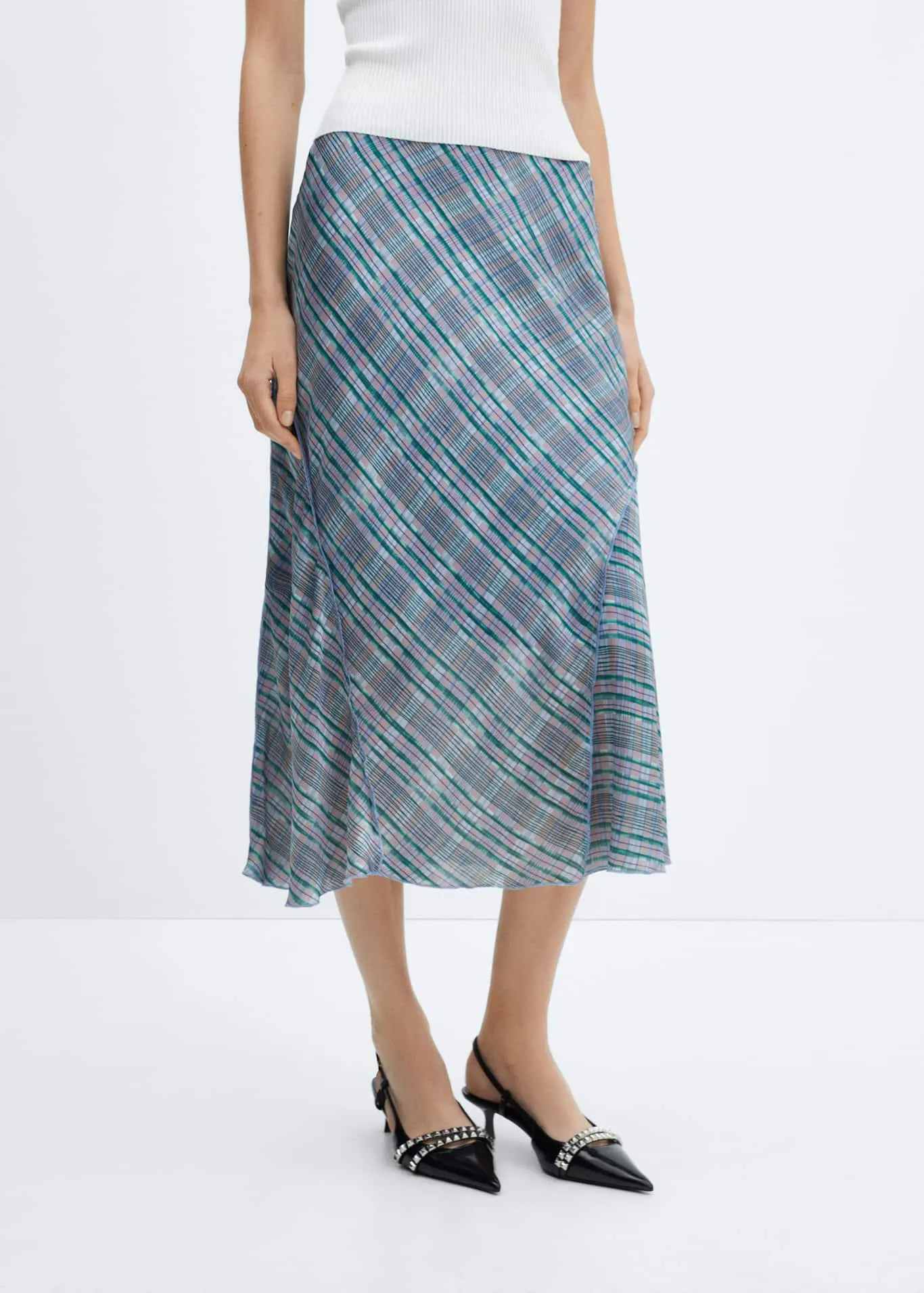 Satin check midi skirt