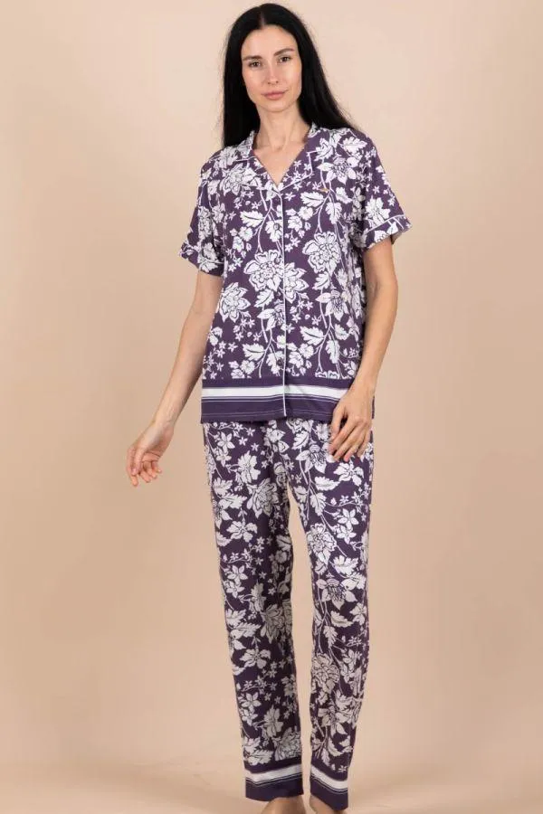 Ladies Dusky Purple Floral Button Through PJ