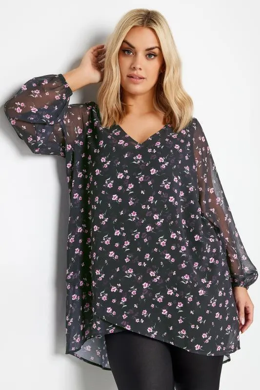 YOURS LONDON Curve Black Floral Print Wrap Front Blouse
