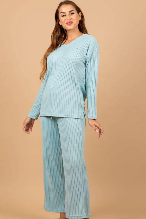 Ladies Dusky Blue Rib Lounge PJ