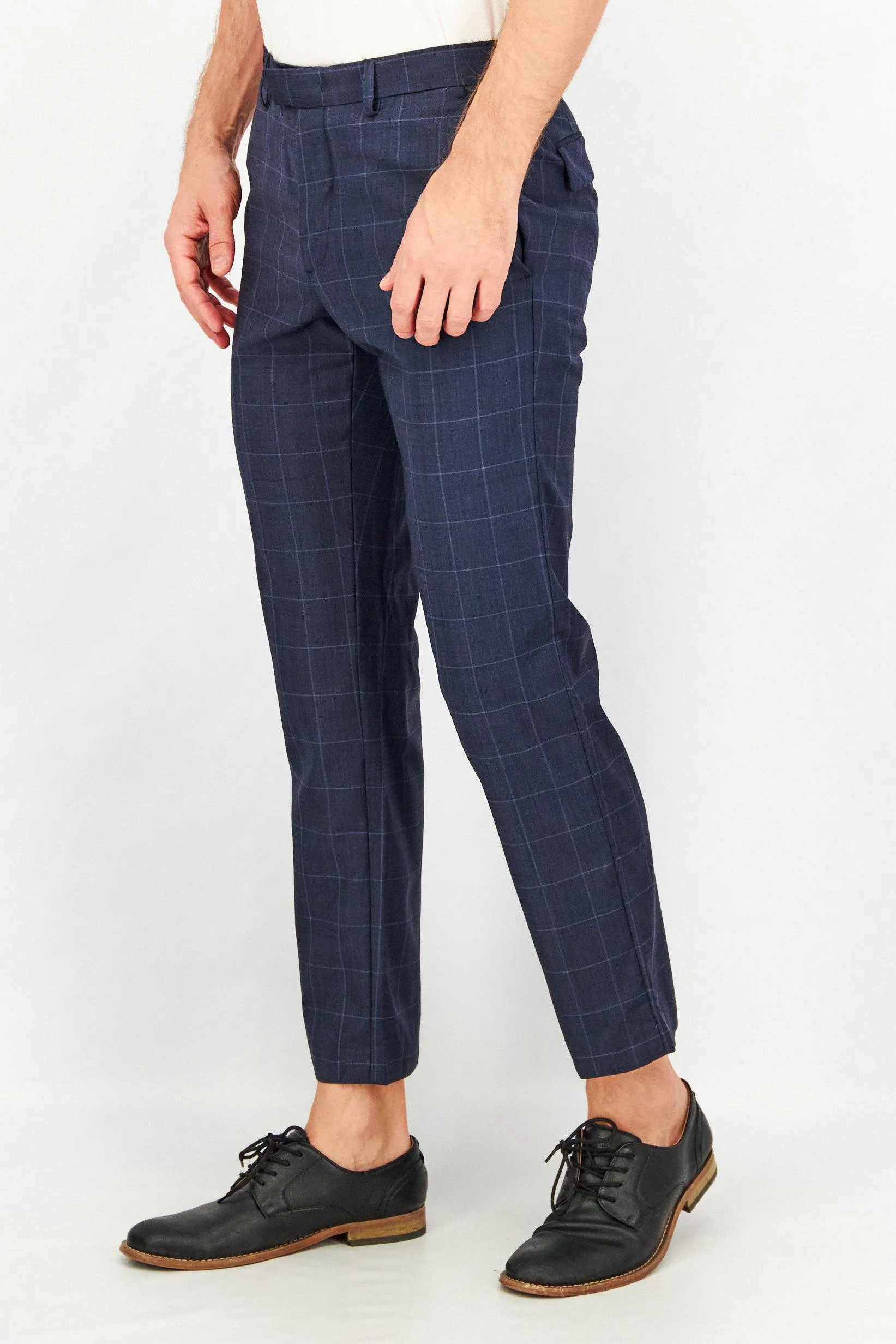 Men Regular Fit Windowpane Dress Pants, Navy Blue