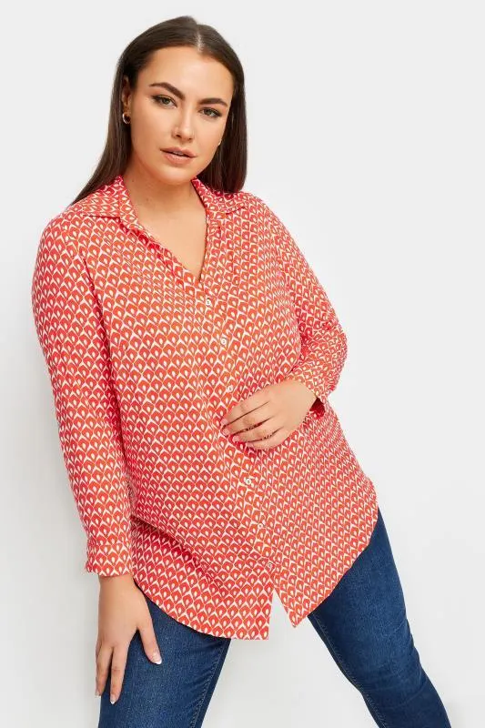 YOURS Curve Orange Geometric Print Button Through Shirt
