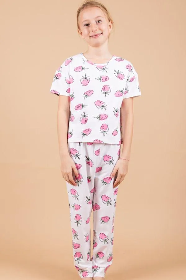 Girls White Strawberry Printed PJ