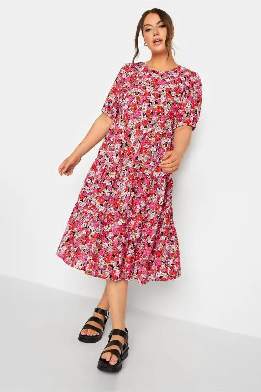 YOURS Curve Red Floral Short Sleeve Midi Dress
