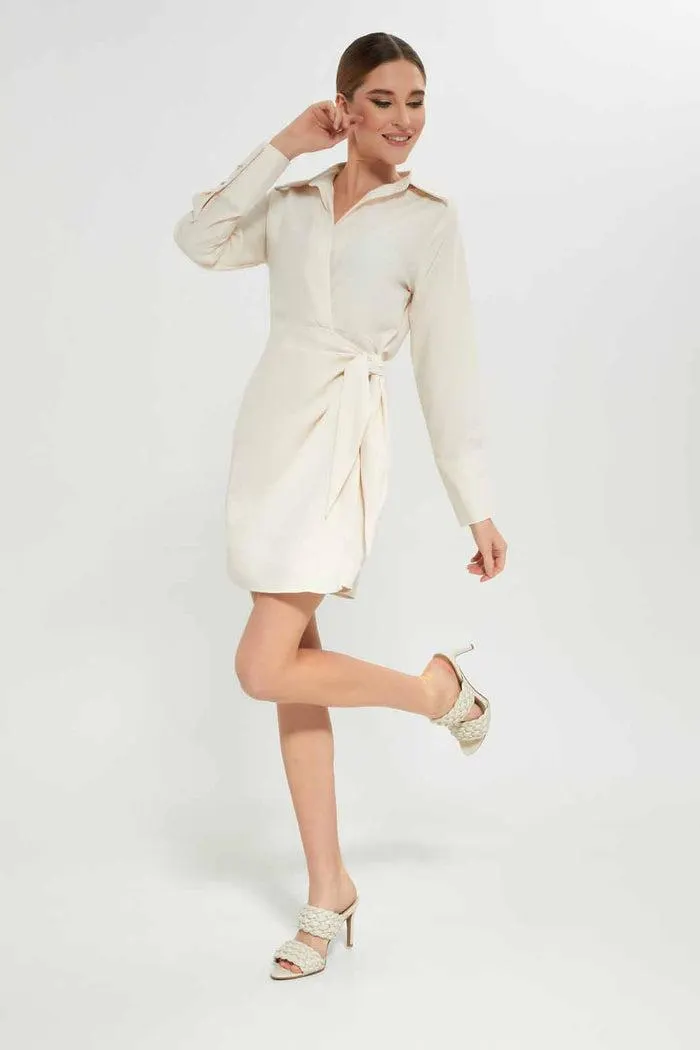 Women Cream Belted Dress