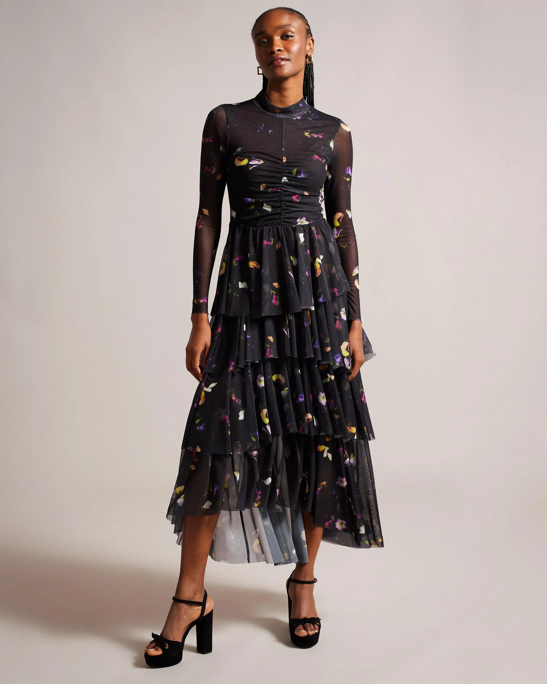 Mirande Scattered Floral Tiered Midaxi Dress Black