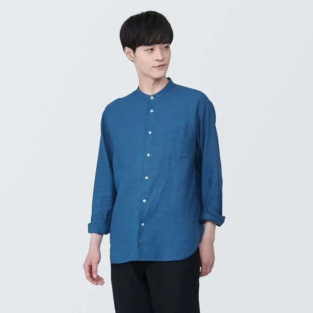 Linen Washed Stand Collar Long Sleeve Shirt