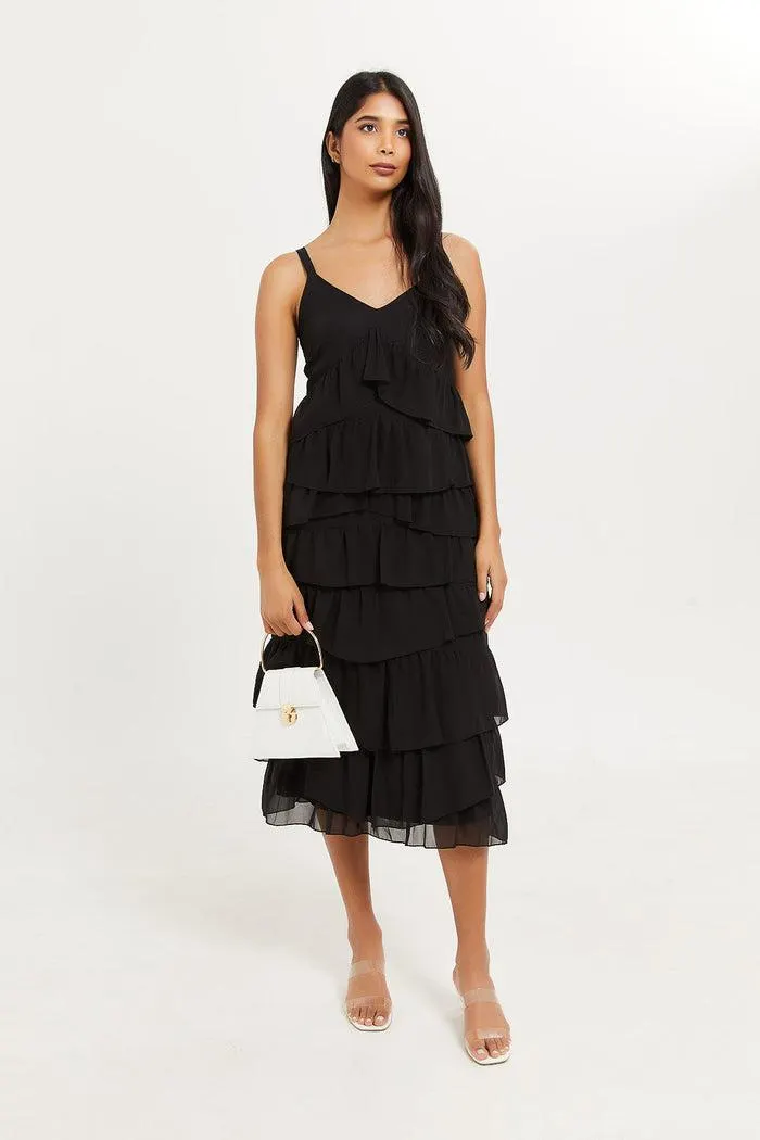 Women Back Chiffon Tiered Midi Dress