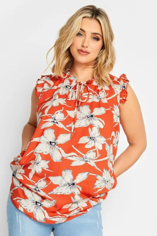 YOURS Curve Orange Floral Print Frill Neck Top