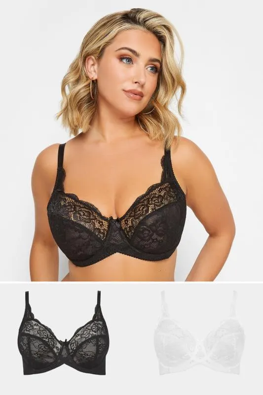 YOURS 2 PACK Black & White Stretch Lace Non-Padded Underwired Balcony Bras
