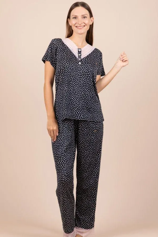 Ladies Black Pink Spot Lace PJ