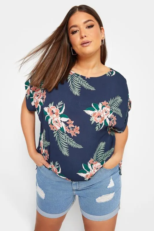 YOURS Curve Navy Blue Tropical Print Zip Back Oversized Top