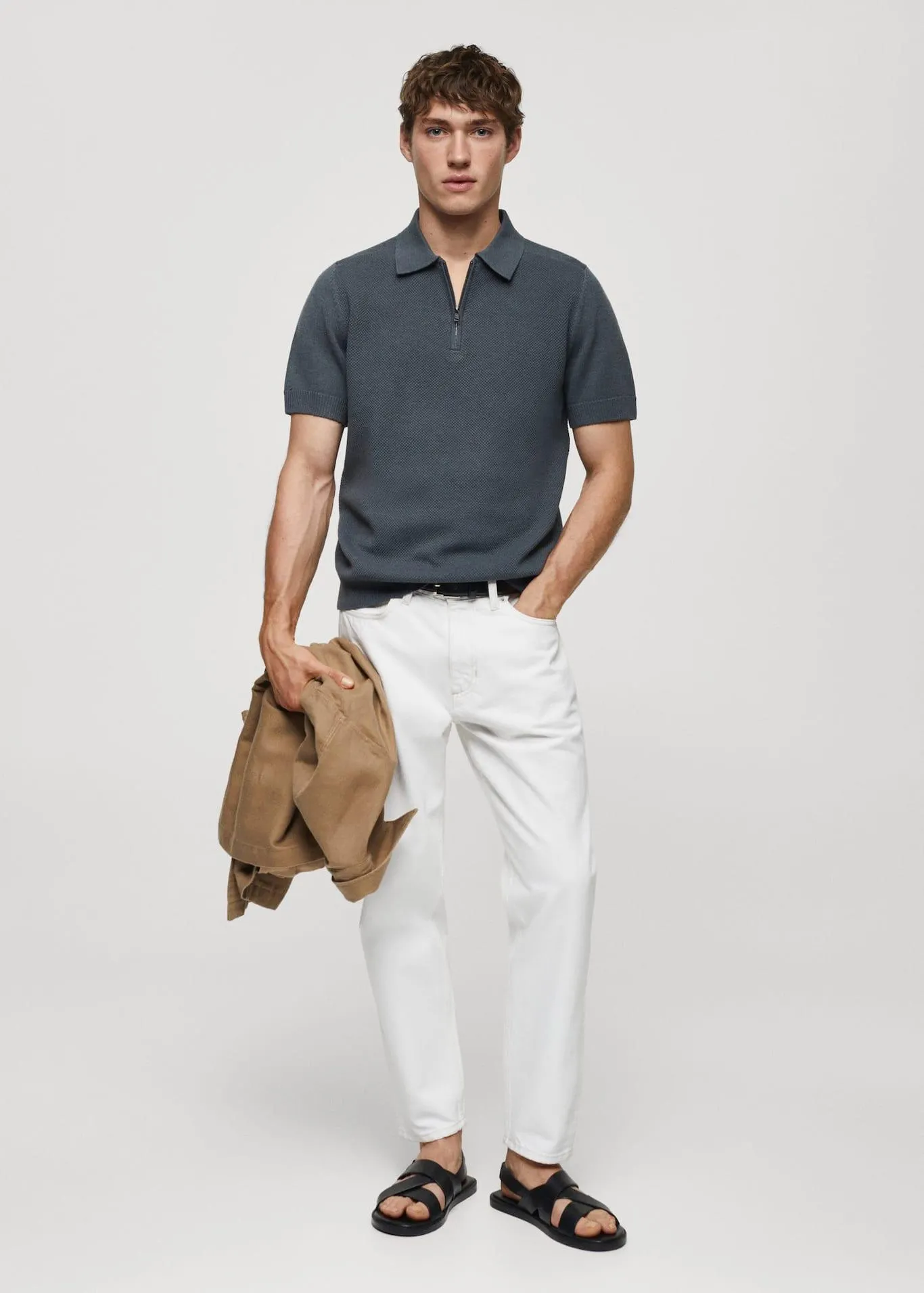 Cotton-knit polo shirt with zip
