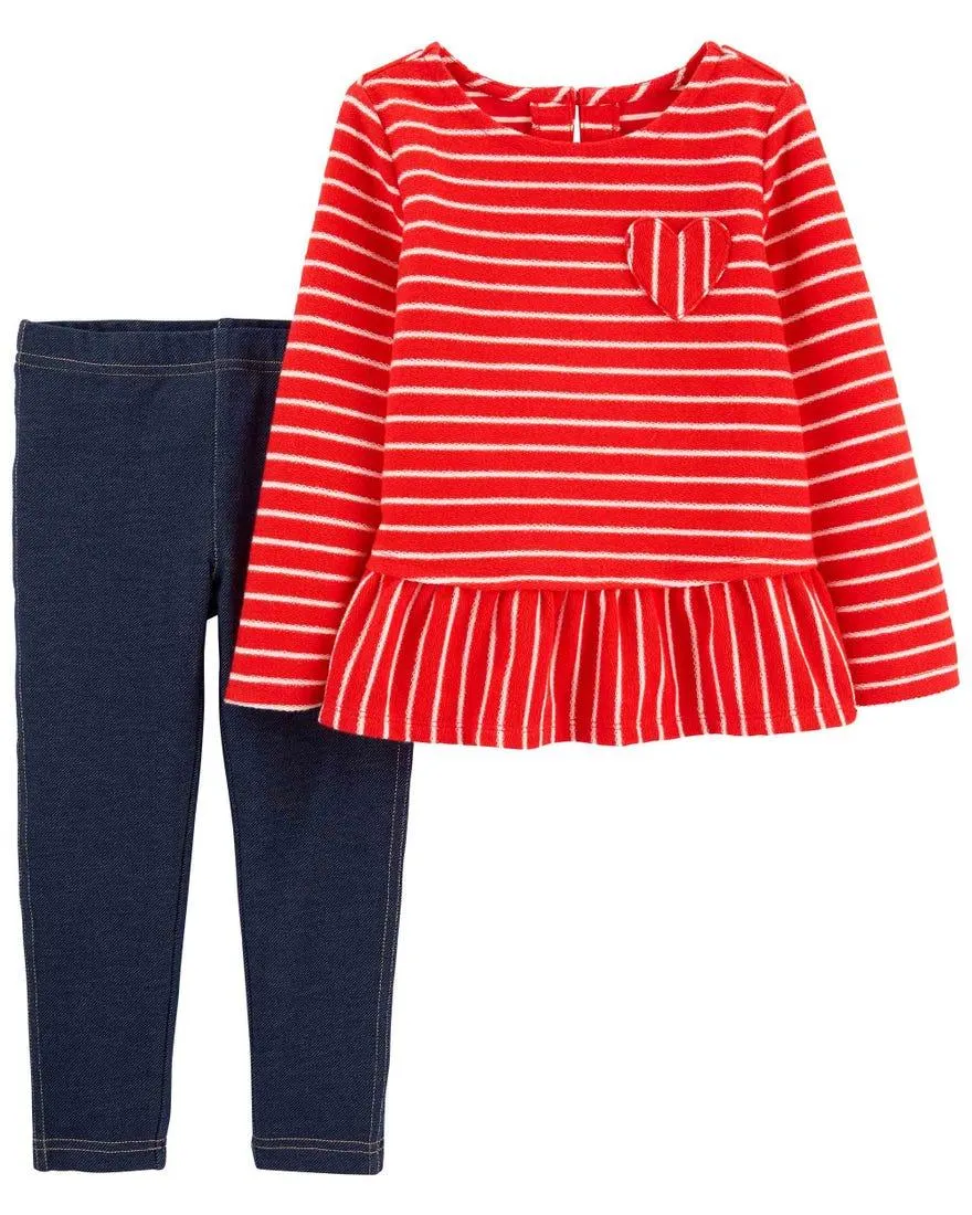 2-Piece Striped Top & Faux Denim Leggings