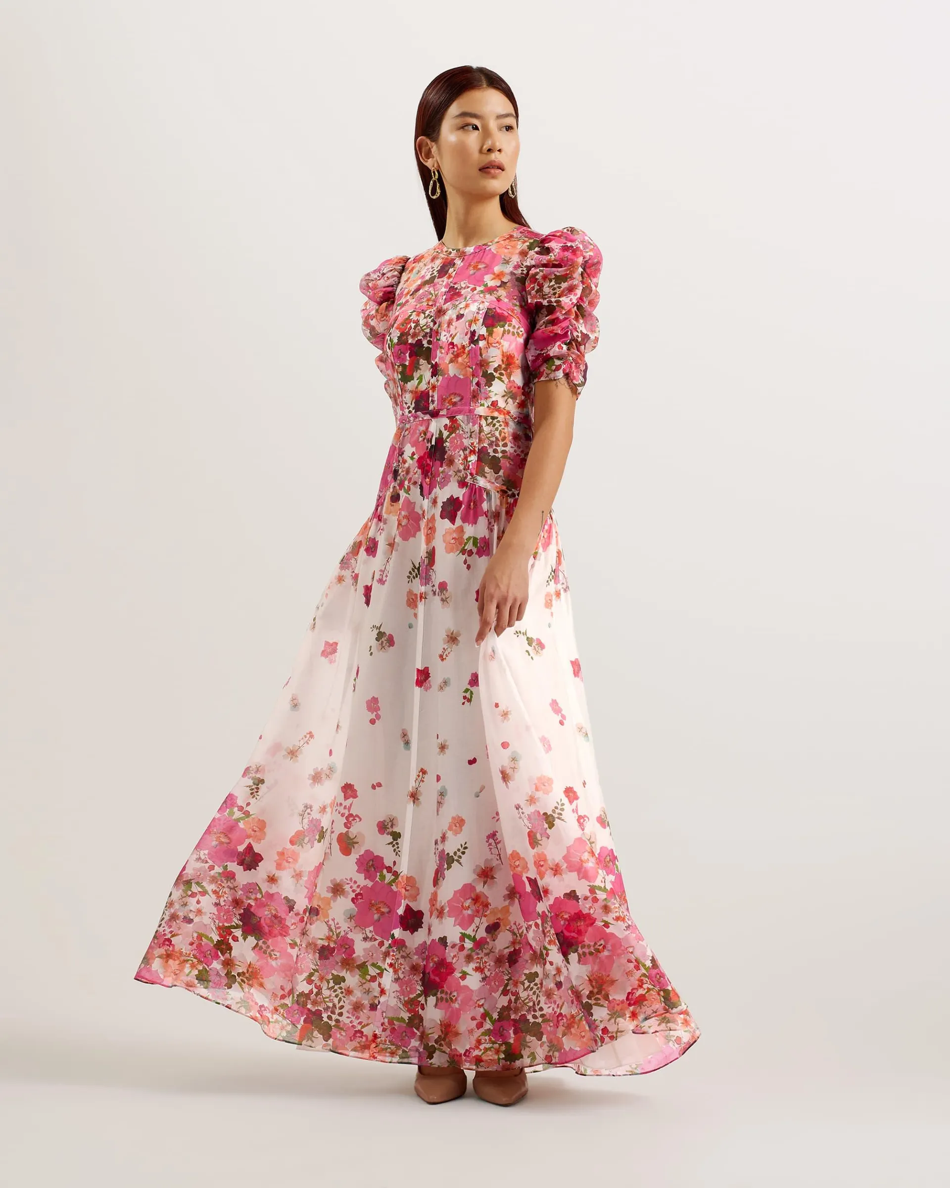 Alviano Floral Print Puff Sleeve Maxi Dress Pink