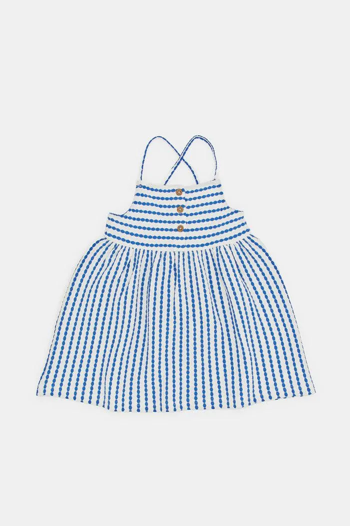 Infant Girls Blue And White Striped Jacquard Dress