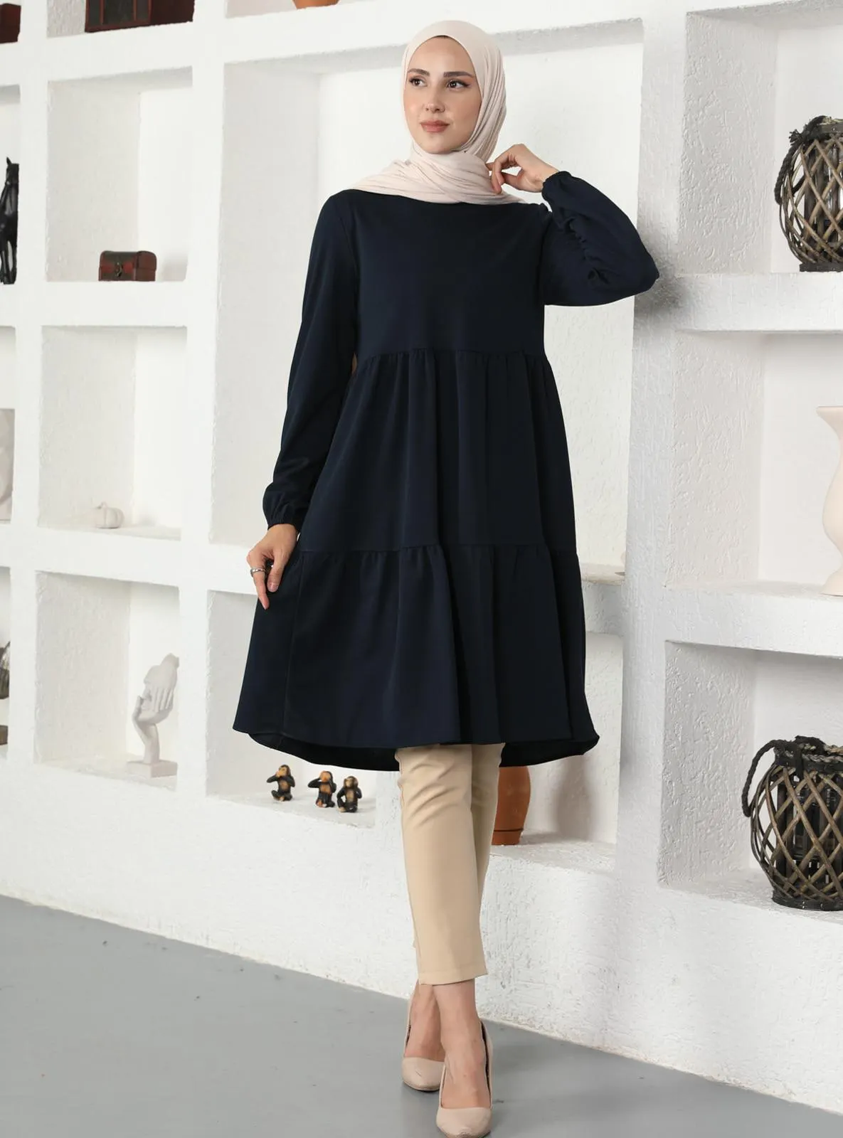 Tunic With Elastic Sleeve Ends Navy Blue