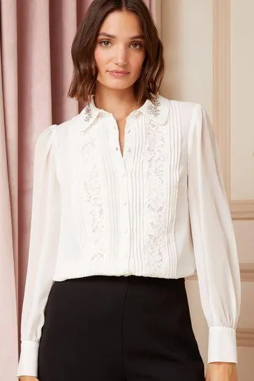 Love & Roses Embellished Collar Lace Trim Shirt
