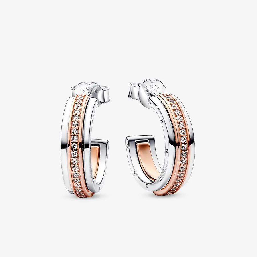 Pandora Signature Two tone Logo & Pavé Hoop Earrings