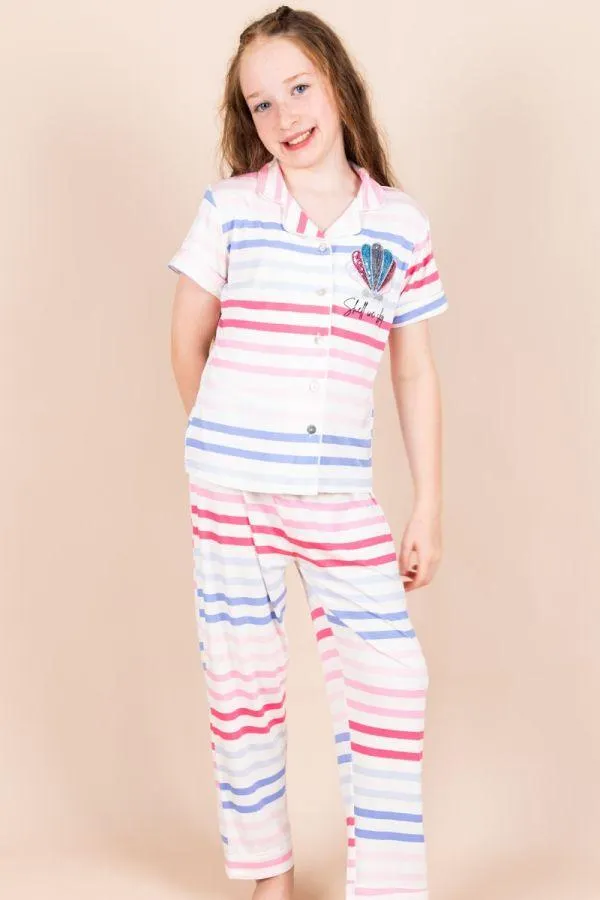 Girls Red Multi Colour Stripe Shell Button Through PJ