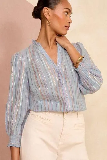 Love & Roses Ruffle Trim V Neck Long Sleeve Blouse