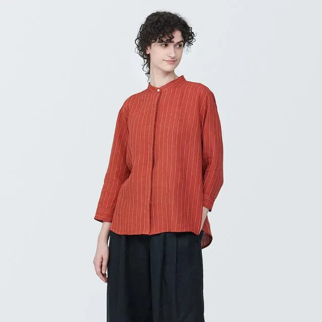 Washed Linen Stand Collar 3/4 Sleeve Blouse