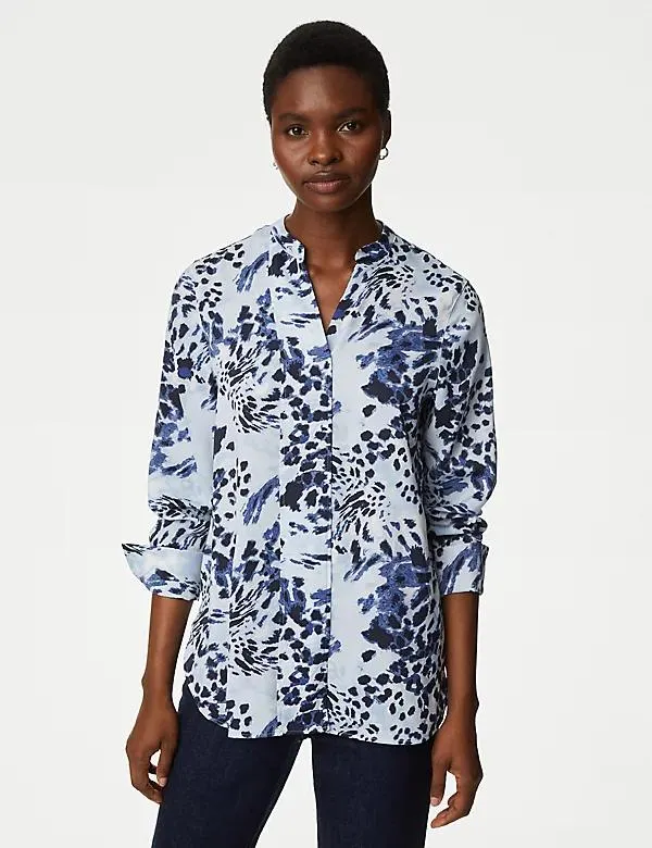 Satin Printed V-Neck Popover Blouse